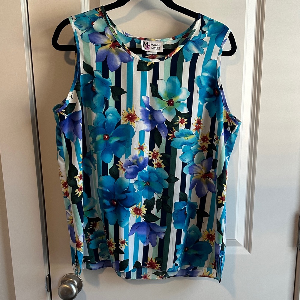 Blue Floral Striped Sleeveless Tank Top
